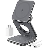 Foldable Magnetic Wireless Charger, KU XIU X40 Aluminum Alloy 3 in 1 Charging Station for Apple, Fast Magnetic Charger Stand for iPhone 17 16 15 14 13 12 Series, 5W for iWatch, AirPods 3/2/Pro, Gray