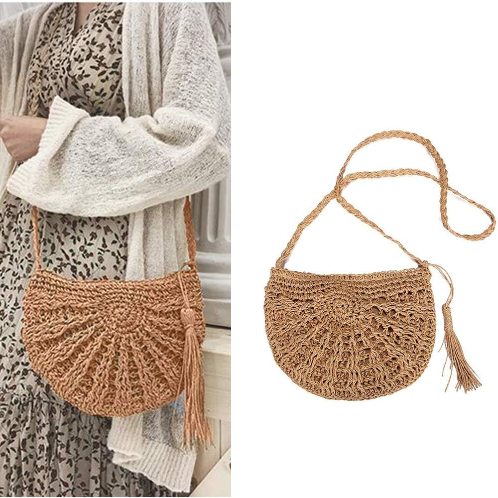 Integrity.1 Women Weave Shoulder Bag,Summer Straw Beach Bag Cross Body Bag for Women/Girl,Rattan Bag Beach Purse,Semicircle Summer Holiday Travel Tote Bags(Khaki)