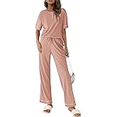 Ekouaer Lounge Sets for Women Waffle Knit Womens Pajama Sets 2 Piece Pjs Sets with Pockets Short Sleeve Top Long Pant