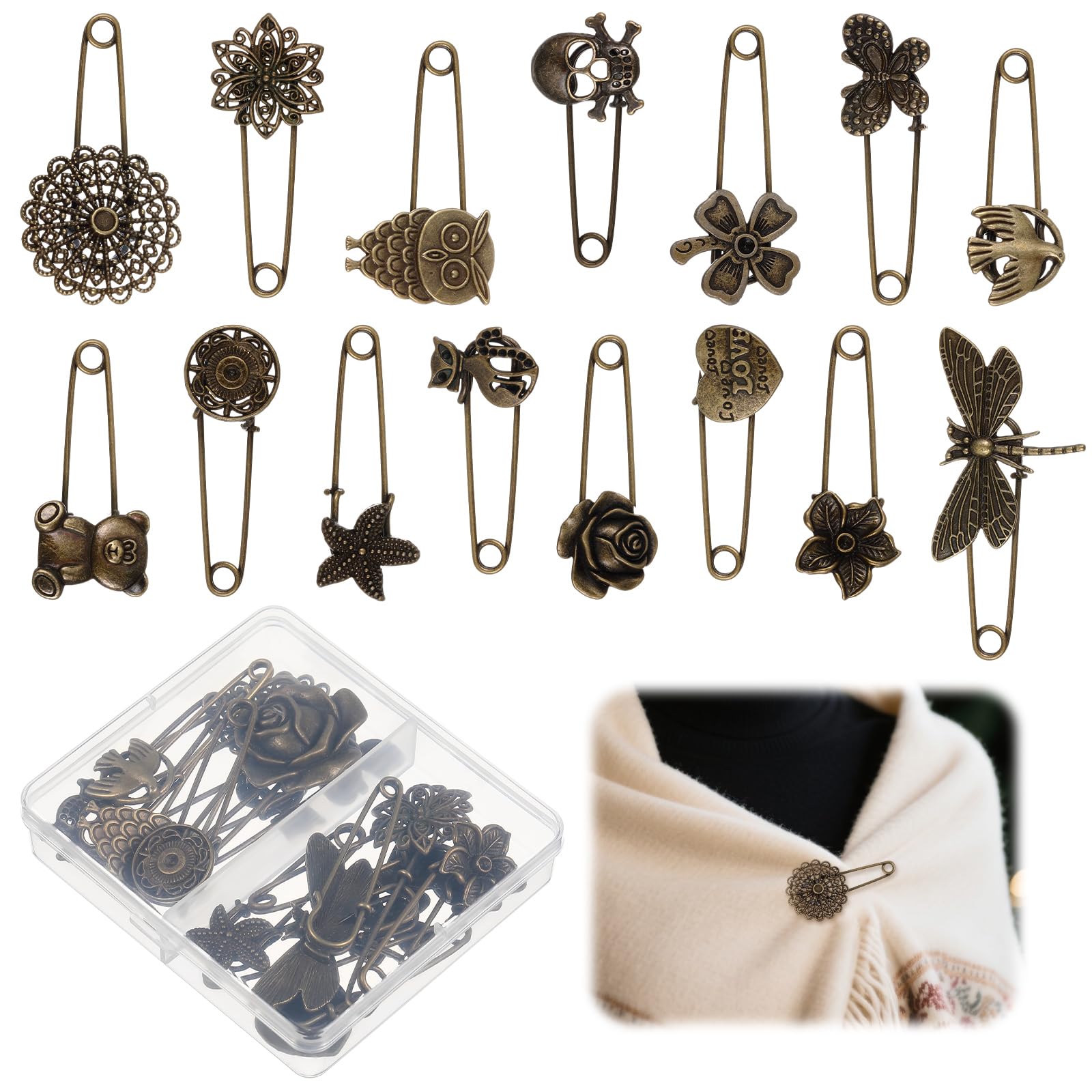 Photo 1 of Zeyune 15 Pcs Vintage Fashion Safety Pins 2×1.38 Inch Alloy Decorative Brooches Skull Butterfly Owl Flower Design for Women Clothes Scarf Craft Skirts Scarf Hat Valentine's Day Accessories and Gifts
