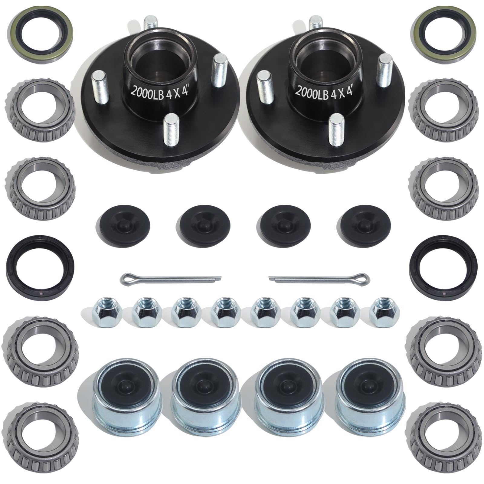 Photo 1 of iBroPrat 2 Sets Trailer Hub Kit 4 Bolt 4, Trailer Axle Kit for 2000 lb 4 Lug Trailer Hub Fits 1" and 1-1/16" Spindle with Extra Dust Cap and Rubber Plug