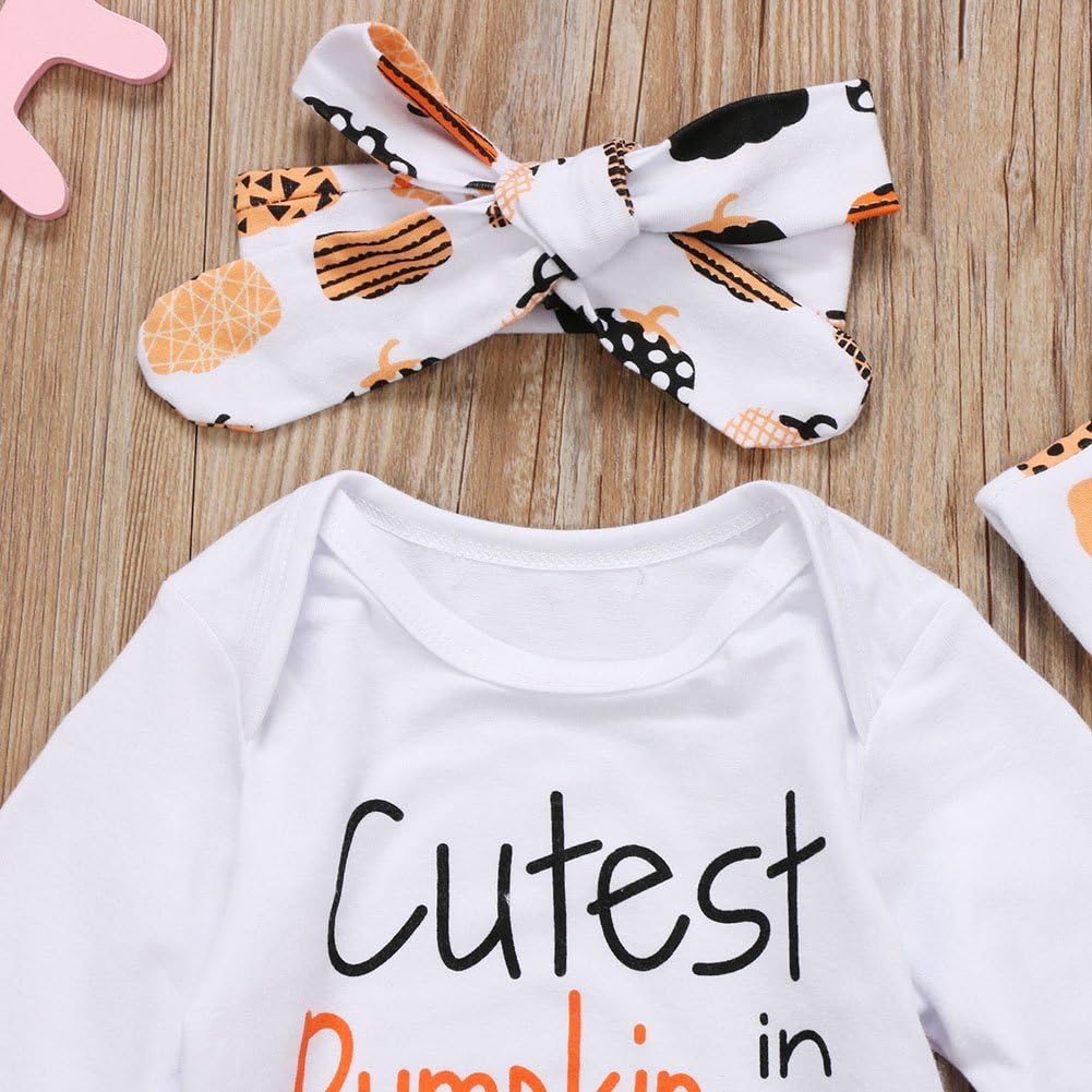 4Pcs Cute Infant Baby Girl Boy Halloween Thanksgiving Clothes Pumpkin Romper with Hat and Long Pants Outfits Set: Clothing