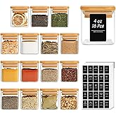 ComSaf 16Pcs Glass Spice Jars with Bamboo Lid, 4oz Airtight Square Spice Containers with 275 Black Lables, Empty Seasoning Ja