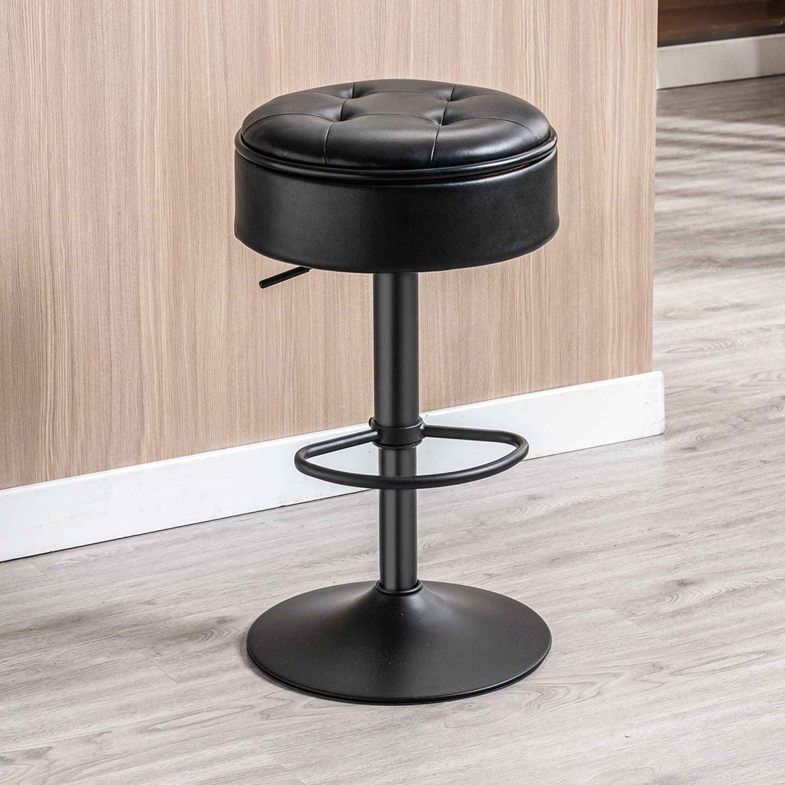 Photo 1 of Round Storage Bar Stool, Black Faux Leather Height Adjustable Barstool, 360°Counter Height Swivel Stool