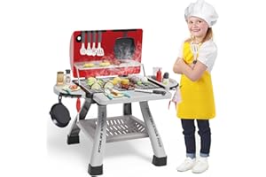 UNIH Kids Toy Kitchen Playset, 2-Layer BBQ Grill Playset with Smoke, Sound & Light, Toy Grill Set with Pretend Play Food, Interactive Cooking Game Toys for Toddlers Boys Girls 3 4 5 Year Old