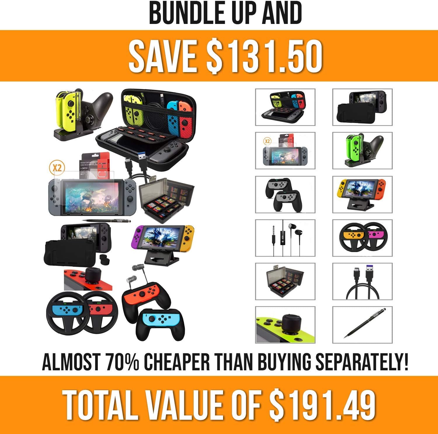 Switch Accessories Bundle - Orzly Geek Pack for Nintendo Switch: Case & Screen Protector, Joycon Grips & Racing Wheels, Switch Controller Charge Dock, Comfort Grip Case & More - JetBlack: Computers & Accessories