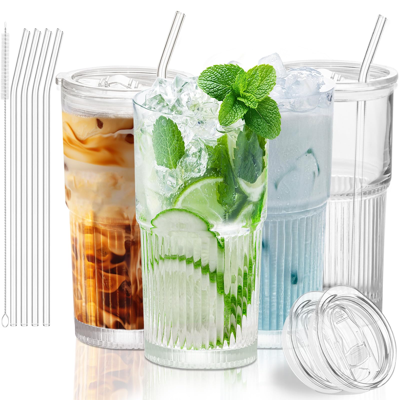 Photo 1 of 18.5oz Glass Cups with Lids and Straws - Set of 4 Reusable Tumblers, Thickened Shatter-Resistant Glass, Ideal for Iced Coffee, Smoothies, Cocktails, Juices - Elegant & Durable Drinkware