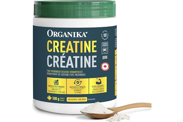 Organika Canadian-Made Creatine Powder- Pure Micronized Creatine Monohydrate - Helps Build Lean Muscle, Increase Strength, an