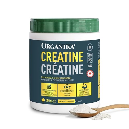Organika Canadian-Made Creatine Powder- Pure Micronized Creatine Monohydrate - Helps Build Lean Muscle, Increase Strength, and Improved Recovery and Performance for Men and Women - 500g, 100 servings