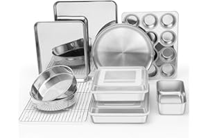 E-far 12-Piece Bakeware Sets, Stainless Steel Baking Pan Set Includes Cookie Sheet, Round Square Rectangle Cake Pans with Lid