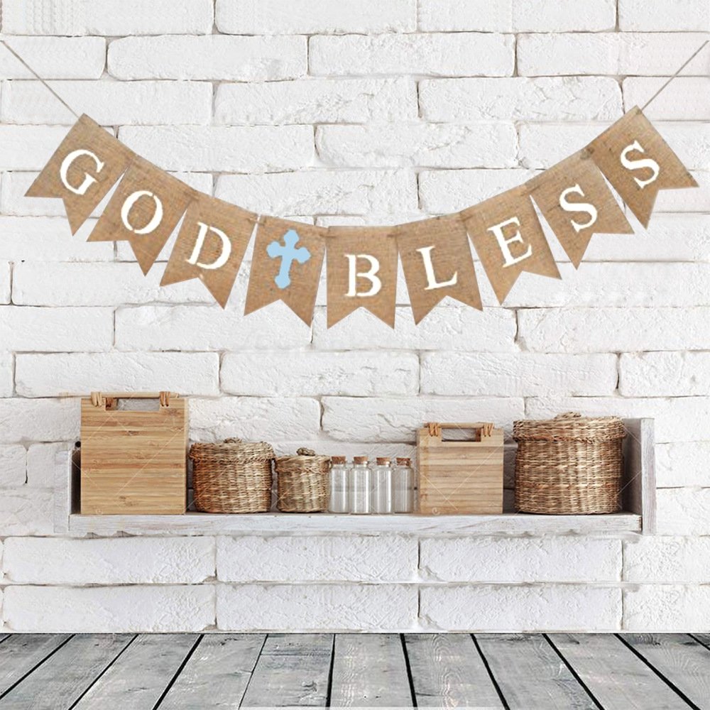 Burlap Communion Party Banner, Baptisim Christening Decoration God Bless Banner, Swallow-Tailed DIY Decoration for Wedding, Baby Shower Party (Blue)