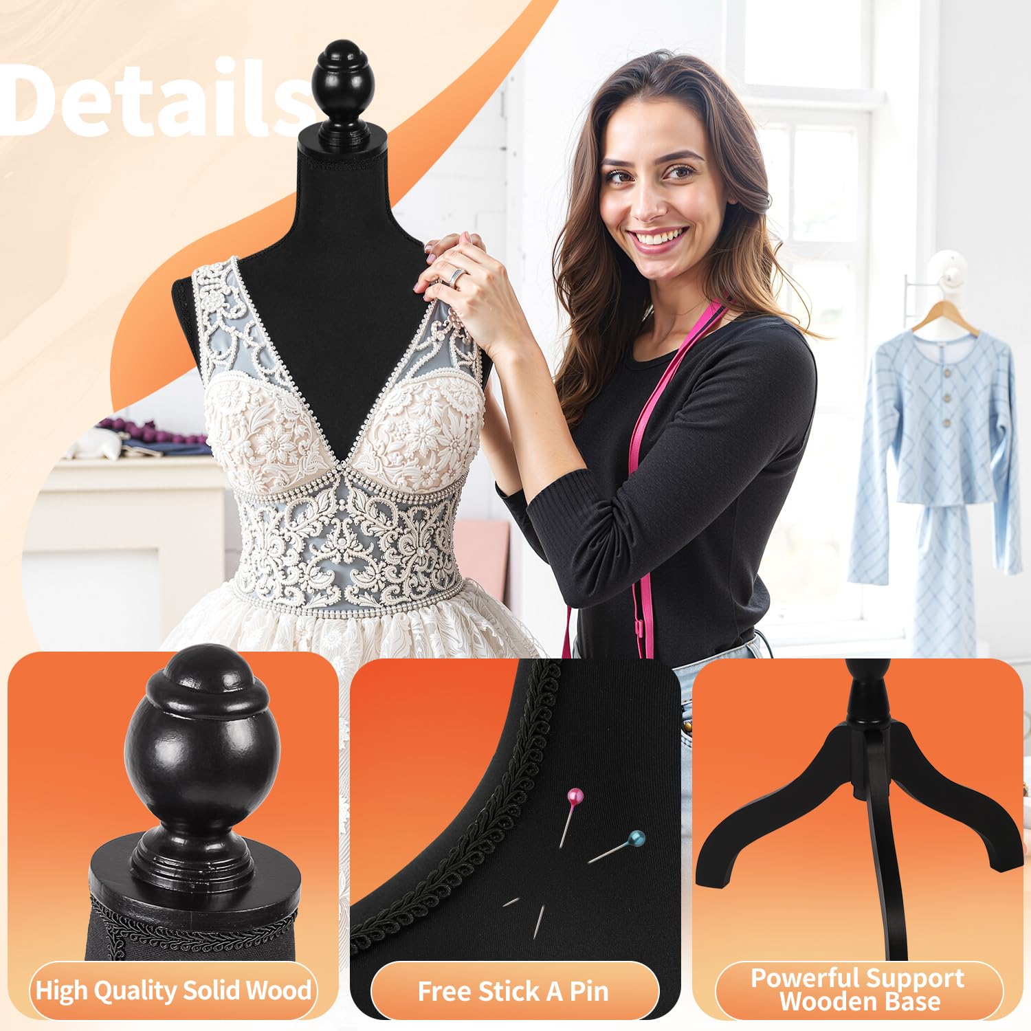 FDW Manikin 60”-67”Height Adjustable Female Dress Model Display Torso Body Tripod Stand Clothing Forms (Black)