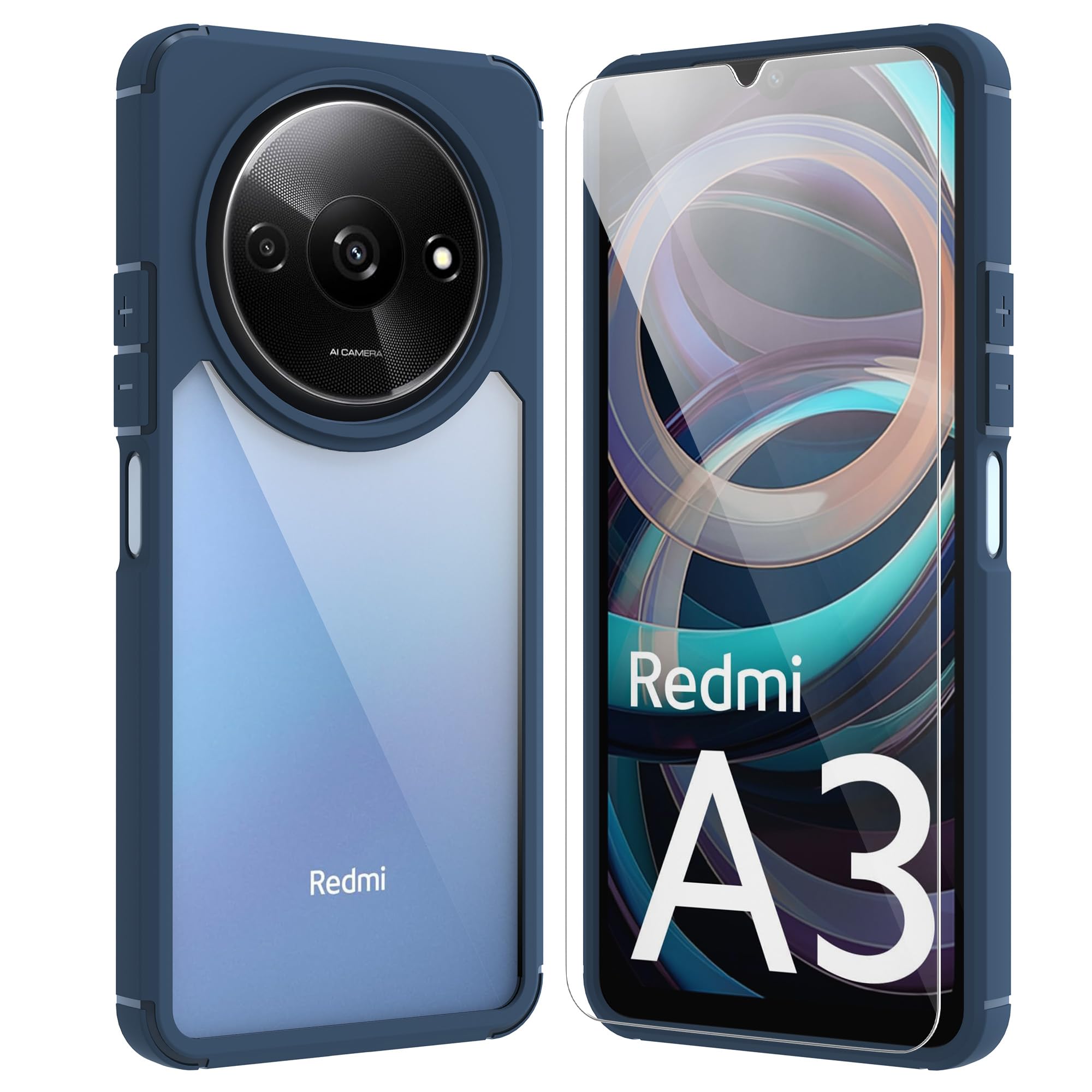 ARRYNN Xiaomi Redmi A3 4G Clear Case with Screen Protector, Soft Silicone TPU Bumper and PC Hard Back Case, Shock Resistant, Blue