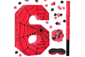 Simgoing Number 6 Spider Web Piñata Bundle with Blindfold Small Piñata Birthday Party Decoration for Mexican Fiesta Cinco De Mayo Anniversary Celebration Gift, 15.75 x 11 x 2.8 In(Red Black)