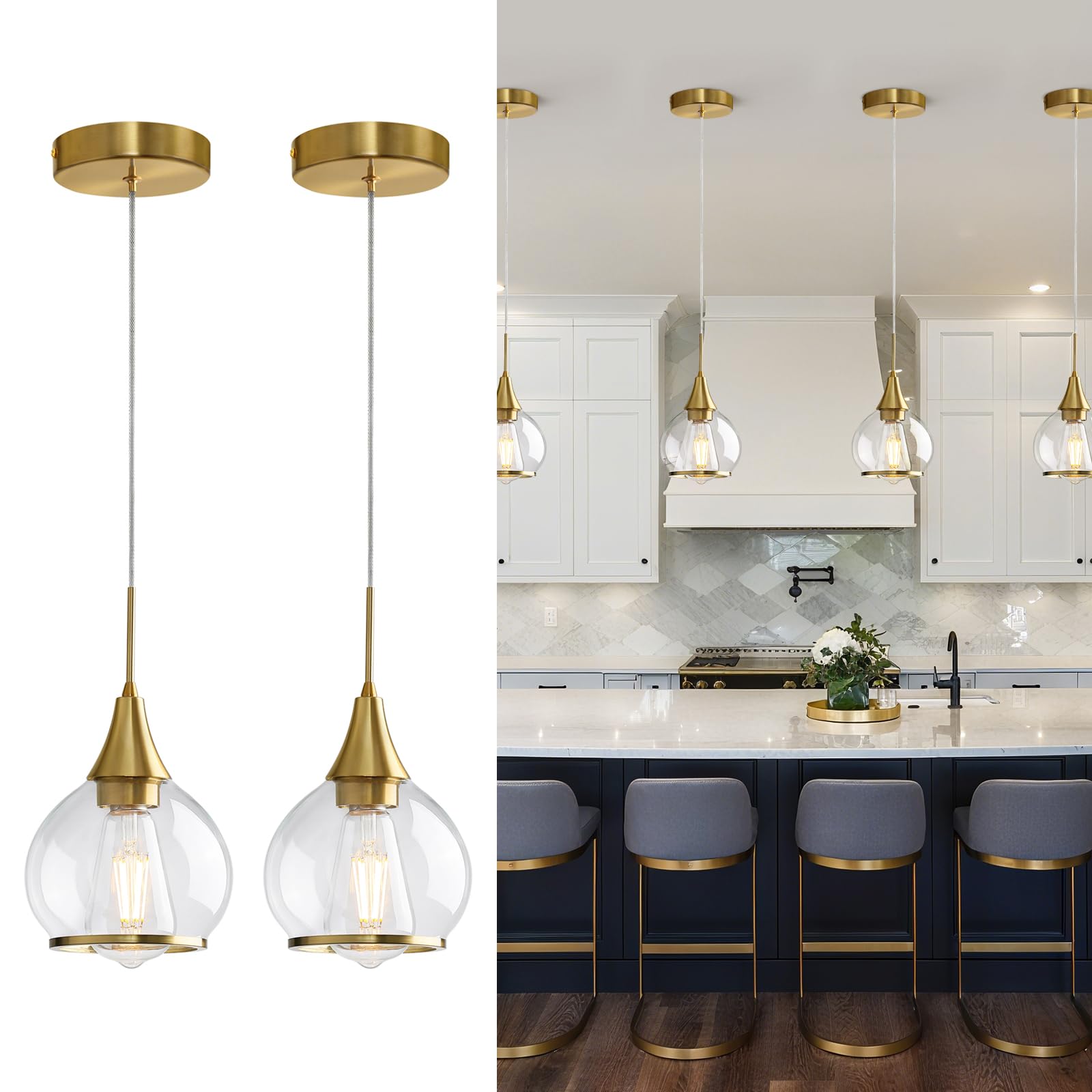 Photo 1 of HAHZT Pendant Light Fixtures Kitchen: 2 Pack Modern Gold Island Light with Clear Glass - 6 Inch Mid Century Globe Kitchen Lighting Chandeliers Ceiling for Foyer Bedroom