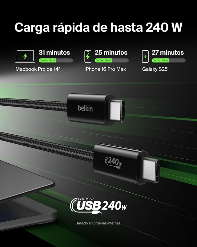 Paquete de 2 Cables Trenzados USB-C a USB-C de 1,5 m (240 W), carga rápida, cables de alimentación flexibles USB tipo C para iPhone 17 y 16, Galaxy S25, Pixel 10, iPad Pro y otros, Negro
