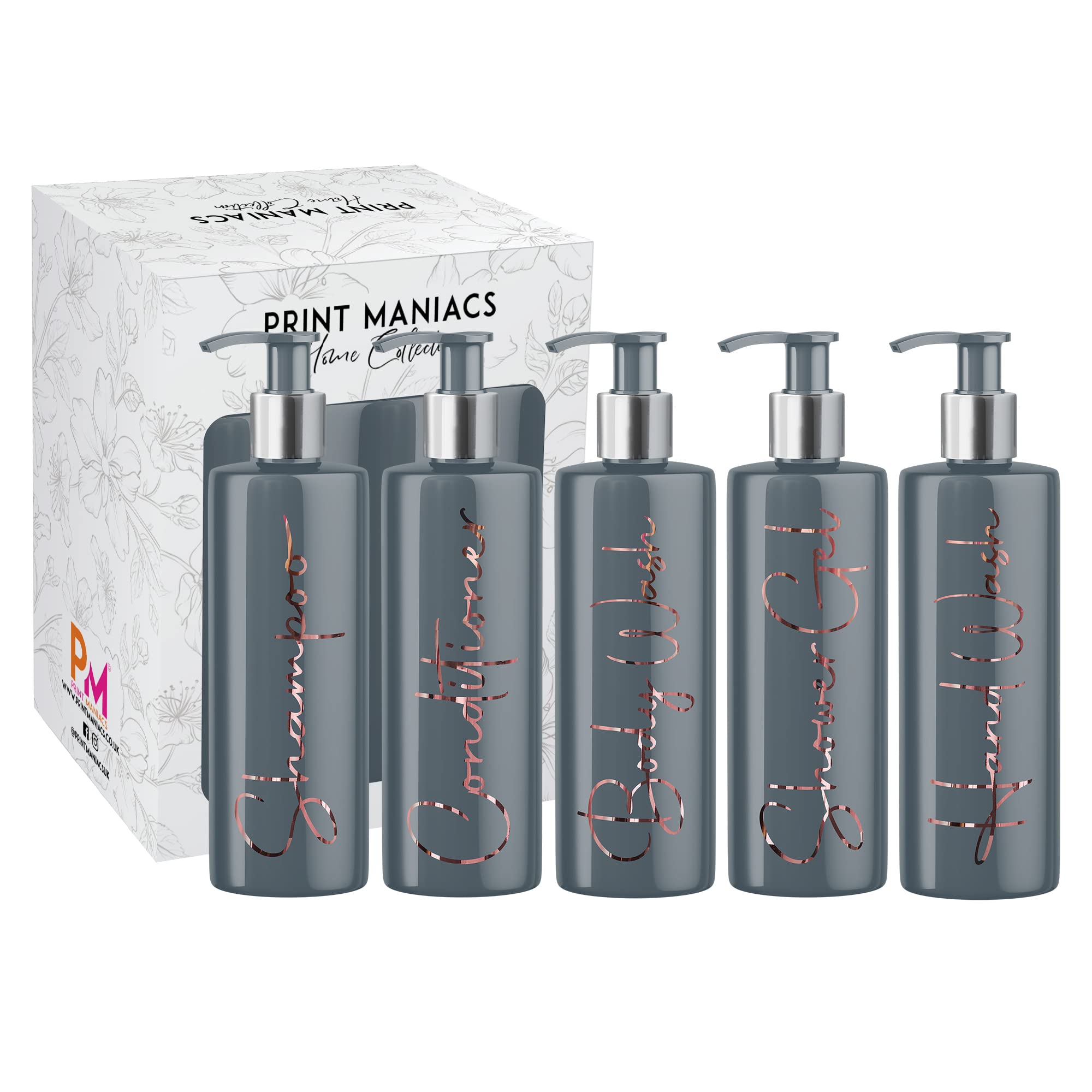 Print Maniacs Grey Mrs Hinch Inspired Personalised 500ml Pump Bottles Bathroom Lotion Kitchen Set Shampoo Conditioner Body Wash F2 (Rose Gold, Set of 5)