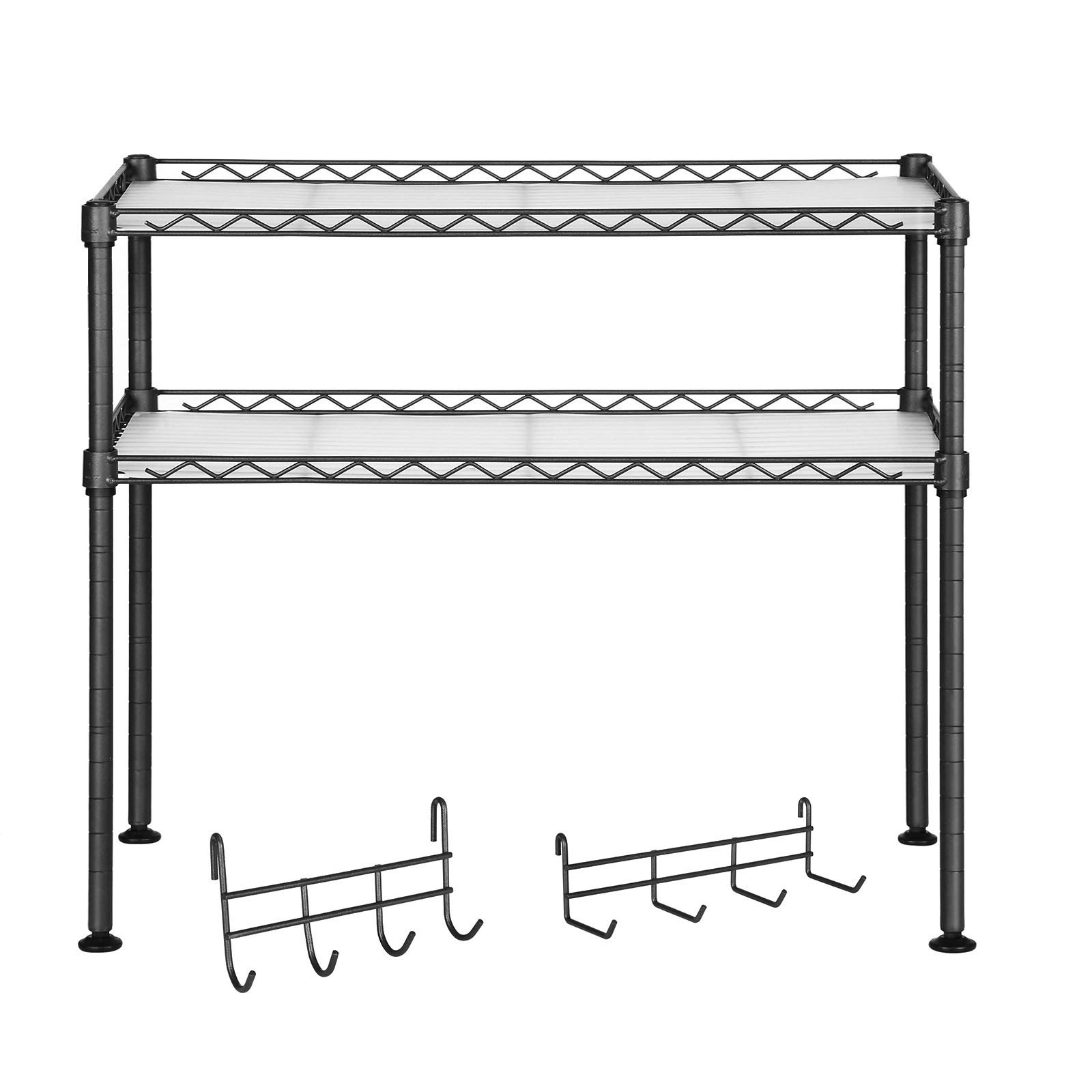 SONGMICS Microwave Oven Rack, 2-Tier Kitchen Countertop Storage Organiser Stand, with 2 Adjustable Shelves and 8 Hooks, Black LGR20BK