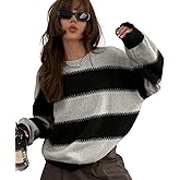 SKAYS Women's Retro Contrast Striped Sweater Loose Round Neck Long Sleeve Knitted Pullover