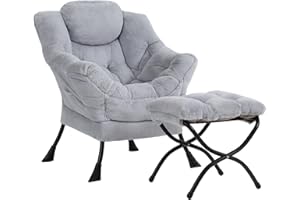 Givjoy Plush Lazy Chair and Ottoman, Large Contemporary Accent Lounge Chair with Armrests and a Side Pocket, Modern Leisure Upholstered Sofa Reading Armchair with Footrest for Bedroom, Living Room