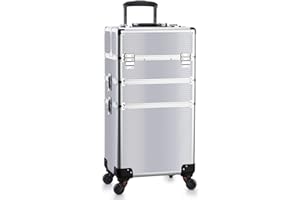 OUDMAY Makeup Case - 3 In 1 Aluminum Professional Rolling Cosmetic Beauty Storage With Folding Trays and Large Compartments Silver