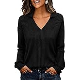 KIRUNDO Long Sleeve Shirts for Women 2025 Fall Fashion Outfits Going Out Tops Collar V Neck Blouses Ribbed Knit Loose Tunic