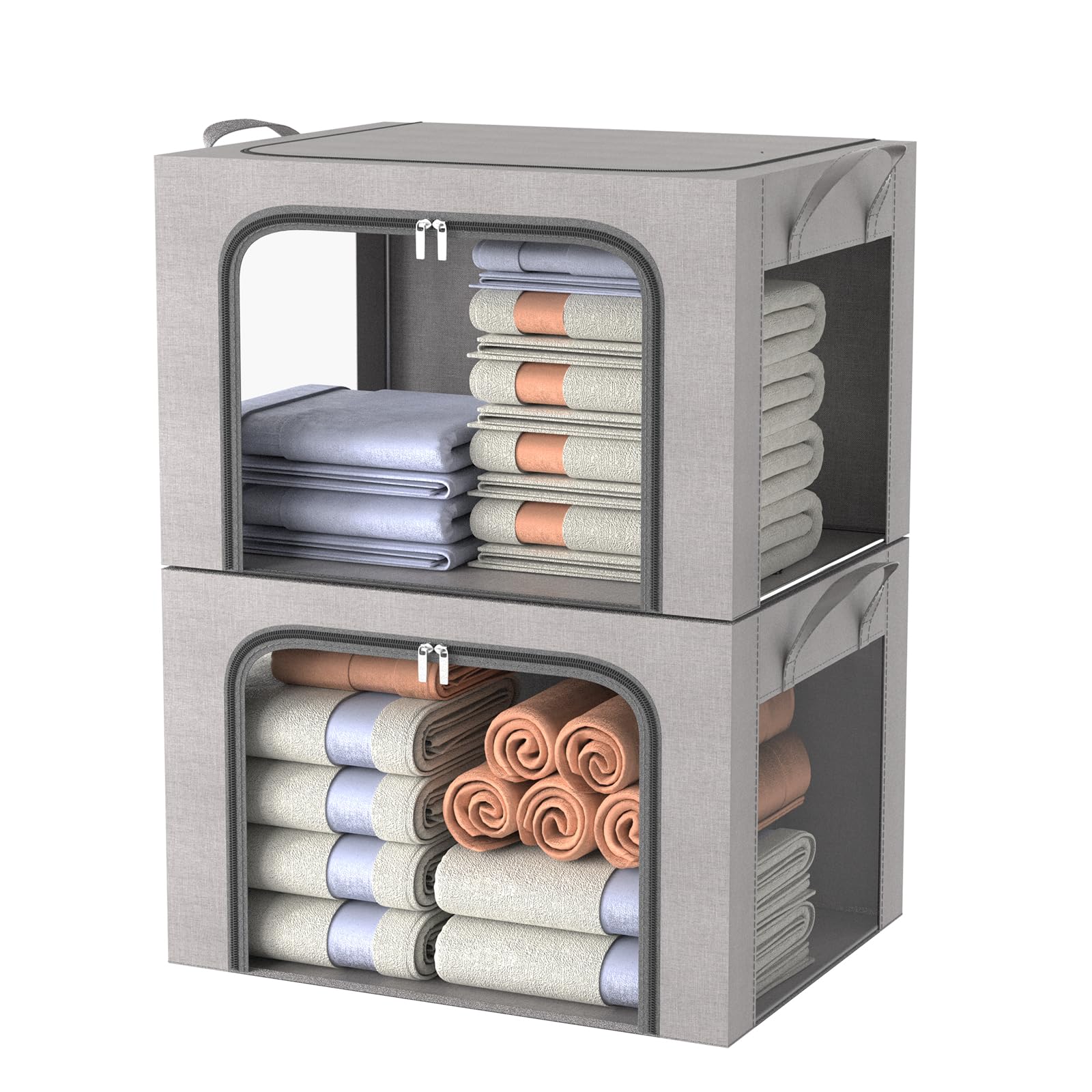 FUSACONY Clothes Storage Boxes, 2 Pcs Closet Organizers and Storage, Foldable Clothes Storage Box with Double Opening Zips and Three Clear Windows for Blankets,Bedding,Comforters, Grey (66L)