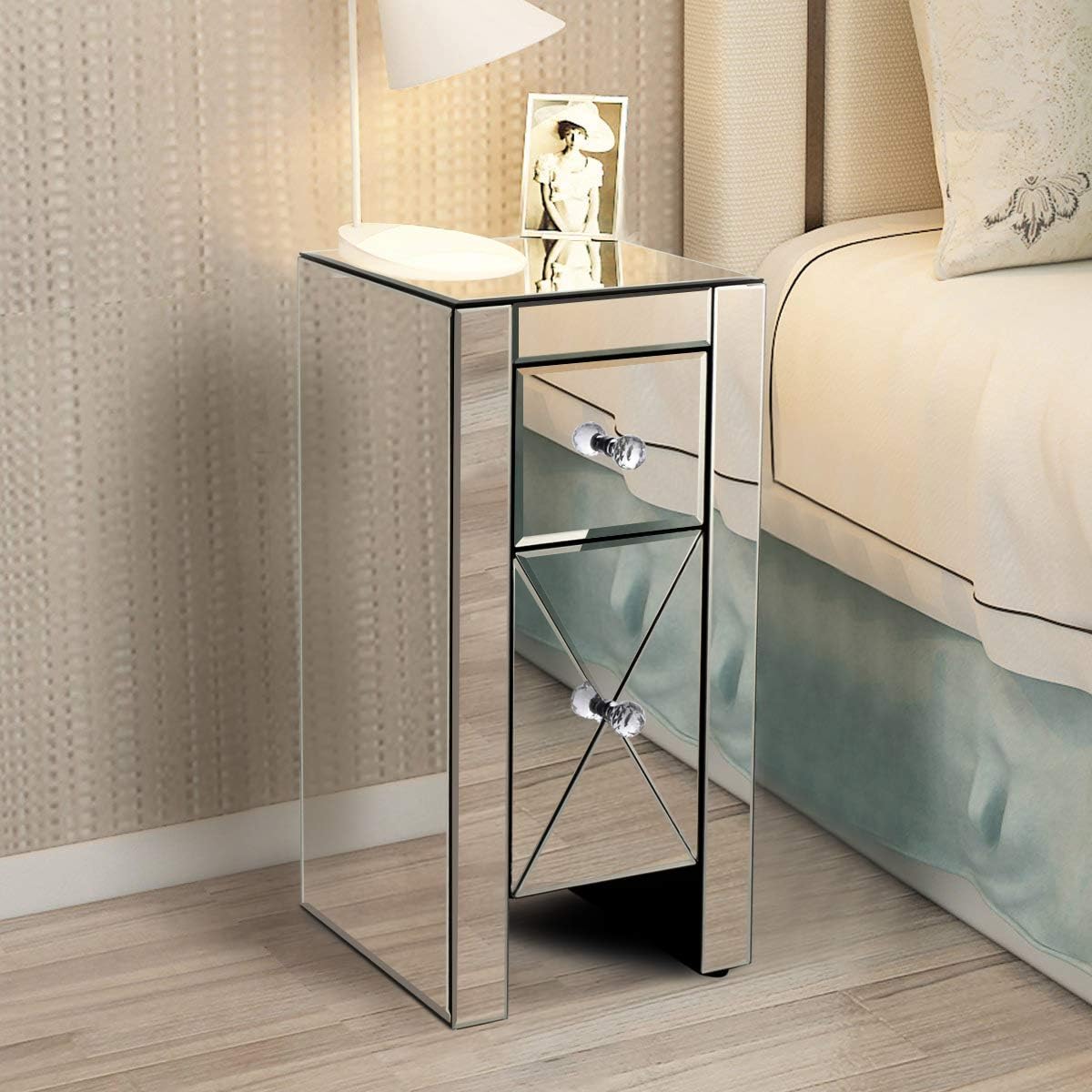 Amazon Com Lazymoon Small Mirrored End Table 2 Drawer Nightstand Bedside Table Storage Accent Cabinet Silver Kitchen Dining