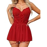 Girece Babydoll Lingerie for Women Lace Underwire Push Up Bra Lingerie Dress Mesh Chemise with Garter Boudoir Nightgown