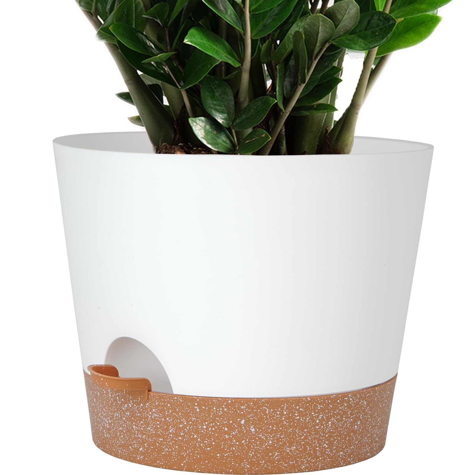 Photo 1 of SwinDuck 12inch Large Self Watering Plant Pot, Plastic Cylinder Planter with 60Oz Deep Reservoir and Saucer for Indoor Outdoor Plants Flowers Houseplants, White with Brown