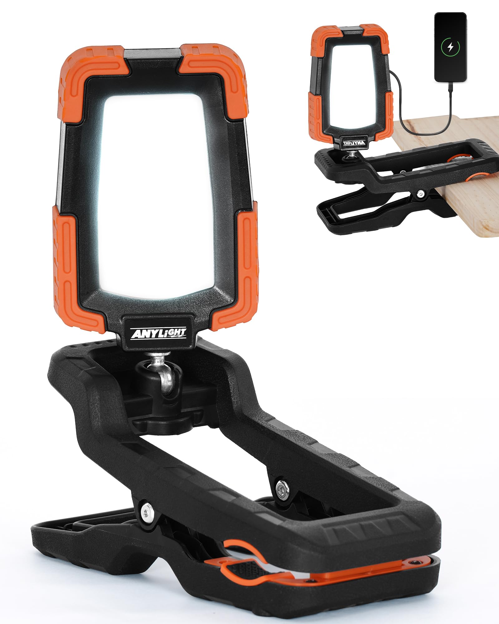 Photo 1 of Anylight LED Rechargeable Work Light with Clamp,1600LM Magnetic Clip Work Lights with 3 Light Modes, 360° ? 115° Rotate Portable Clamp Work Light, IP65 Waterproof for Car Repairing, Job Site, Workshop