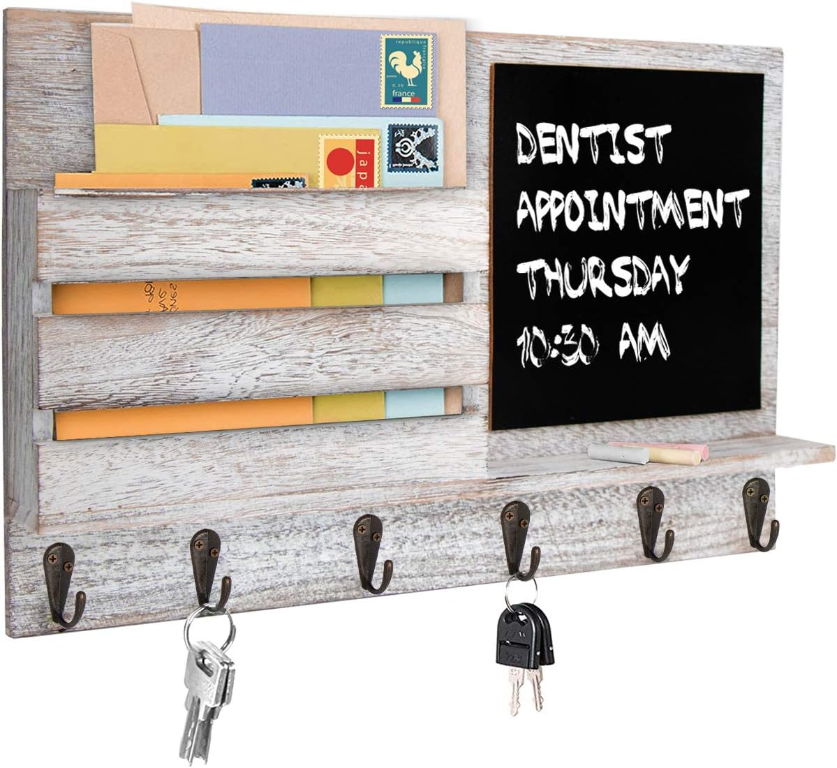 Amazon Com Honest Rustic Wood Wall Mounted Mail Organizer With Chalkboard Surface 6 Metal Key Hooks Enytryway Organizer Wall Decor Mail Holder For Magazine Newspaper Letter Whitewashed Office Products