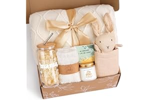 IAOVUEBY New Mom Gifts, New Mom Care Package After Baby, Baby Shower Gifts for Mom to Be, Pregnancy Gifts for Expecting Mother, Unique 16OZ Mama Glass Cup Knitted Blanket Gift Baskets for Women (White)