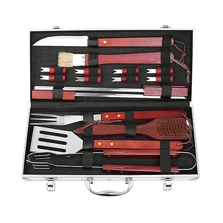 FIXKIT 18-teilig Grillbesteck Koffer,BBQ Grillzubehör Set fürs Camping, Perfektes Geschenk fürs Outdoor Familien Garten Party