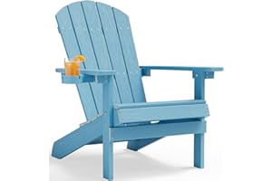 YEFU Adirondack Chair Weather Resistant: Outdoor Chair HIPS Plastic Adirondack Chairs - Patio Chairs with Cup Holder & Wood Texture - Lawn Fire Pit Deck Porch Garden Chairs for Adults (Blue)
