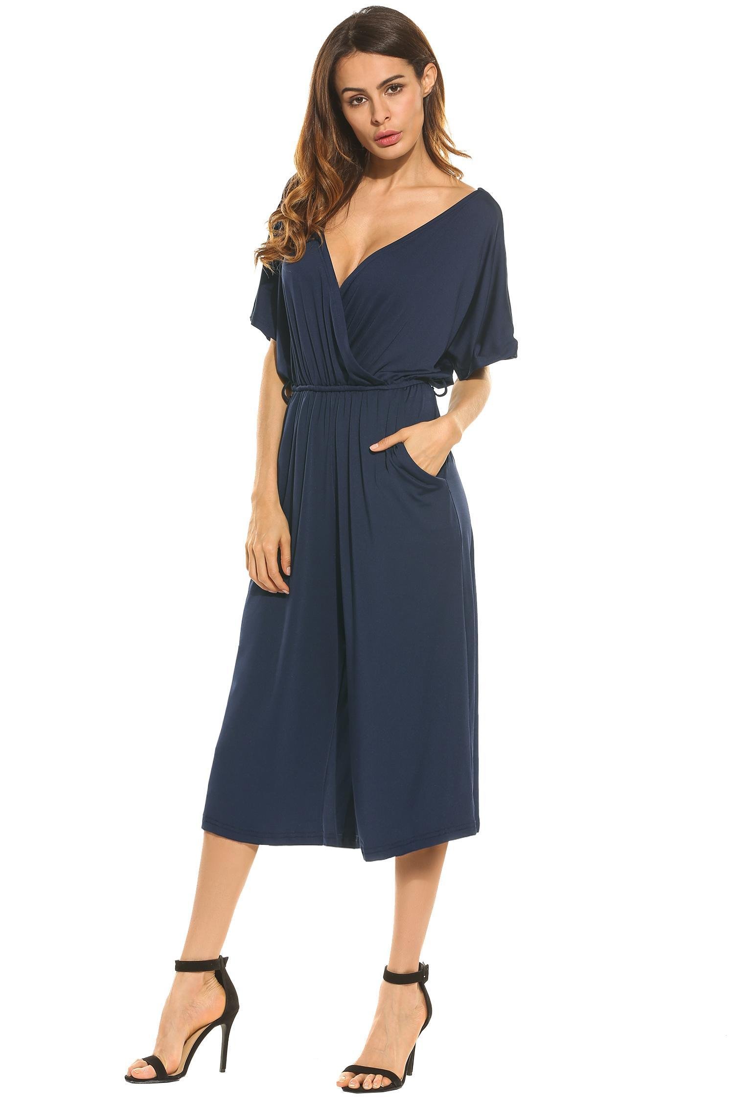 ELESOL Women\'s Cotton Sexy Wrap Deep V-Neck Loose Jumpsuit Romper With Pockets Navy Blue M