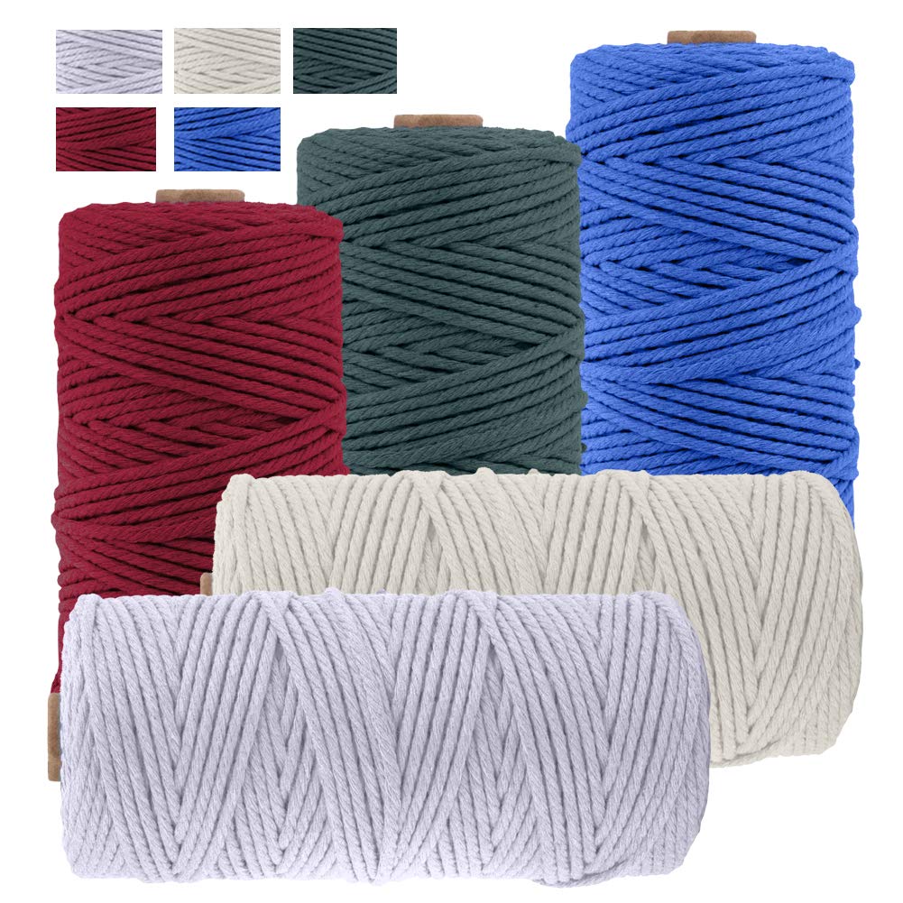 JeogYong Pack of 5 Macrame Cord Set, Thick Natural Cotton Cord Yarn 4 Strands Macrame Rope for Wall Hangings, Plant Hangers, DIY Crafts, Home Decorations, Gift Wrapping 3mm x 109 Yards (5 Color A)