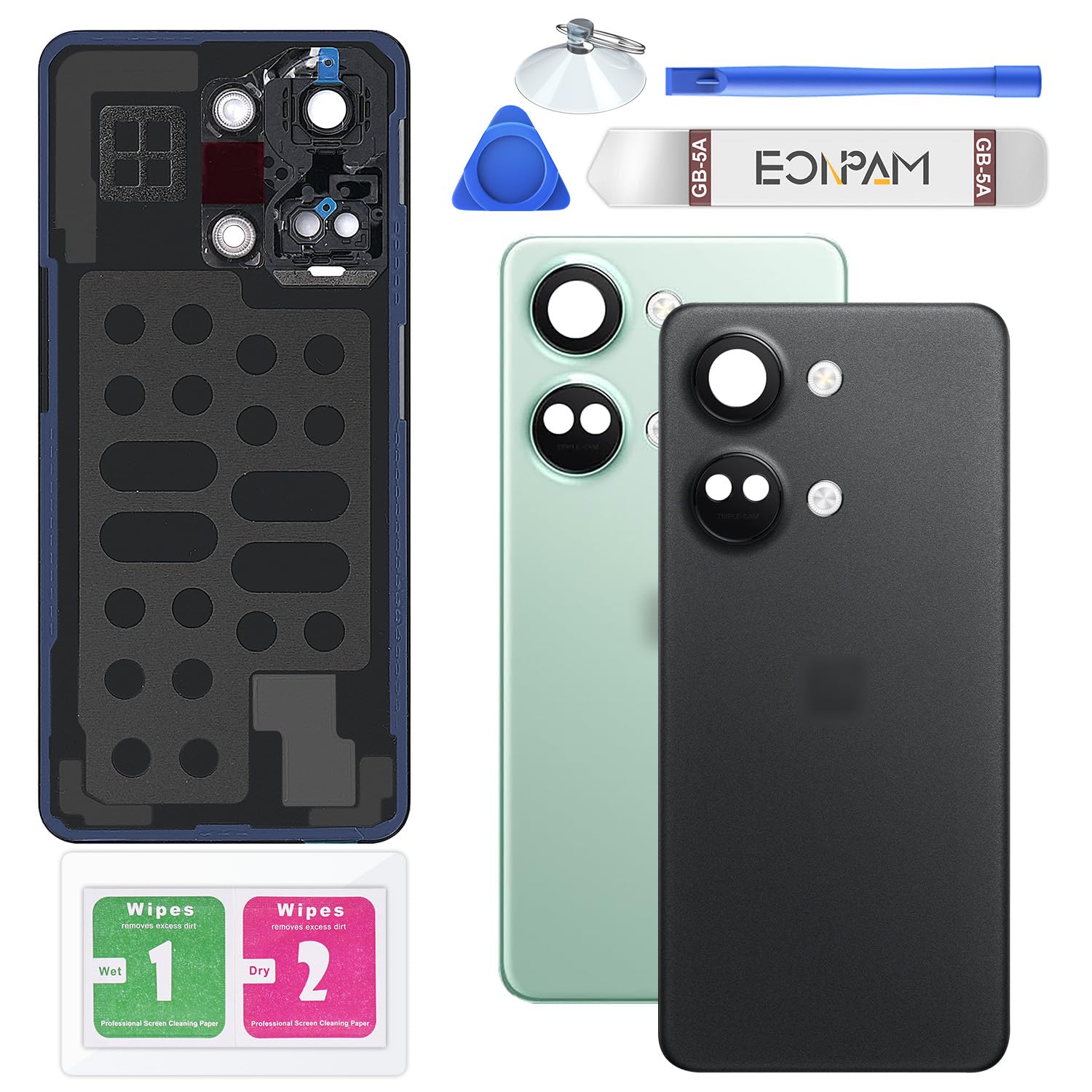Eonpam Back Cover Glass for Oneplus Nord 3 Rear Glass Replacement with Camera Lens + Repair Kit Genuine Rear Housing (Black)