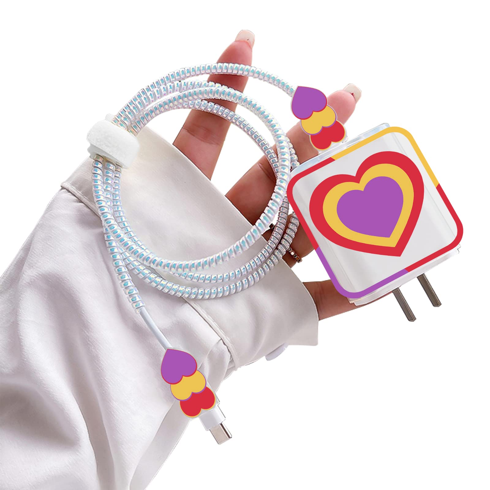 Clear DIY Phone Cable Protectors Set for iPhone 13 12 11 Pro X Charger with Colorful Love Heart Design, Data Line Wire Saver Phone Cable Charger Protector Cover for iPhone-Red,Yellow,Purple