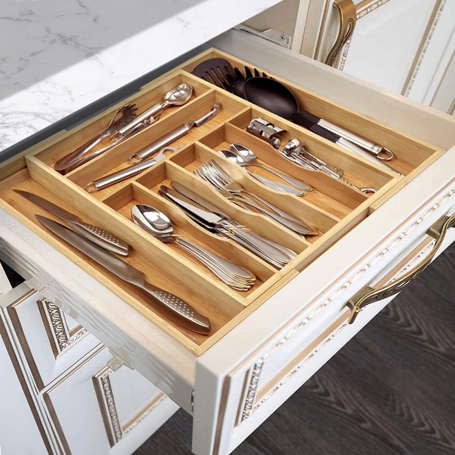 Bamboo Kitchen Drawer Organizer - Expandable Silverware Organizer/Utensil Holder and Cutlery Tray (20”-17.5”, Natural) -