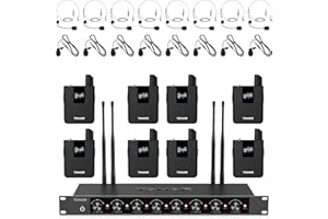 TONOR Wireless Microphones System with 8x12 Channels Headset/Lavalier Lapel Mics, Bodypack Transmitter, Receiver, 295ft UHF Range for Church Conference Performance Singing Karaoke PA Speaker Mixer
