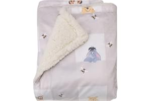 NOJO Disney Winnie The Pooh Hugs and Honeycombs Grey and White Plaid with Piglet, Tigger and Eeyore Super Soft Sherpa Baby Blanket