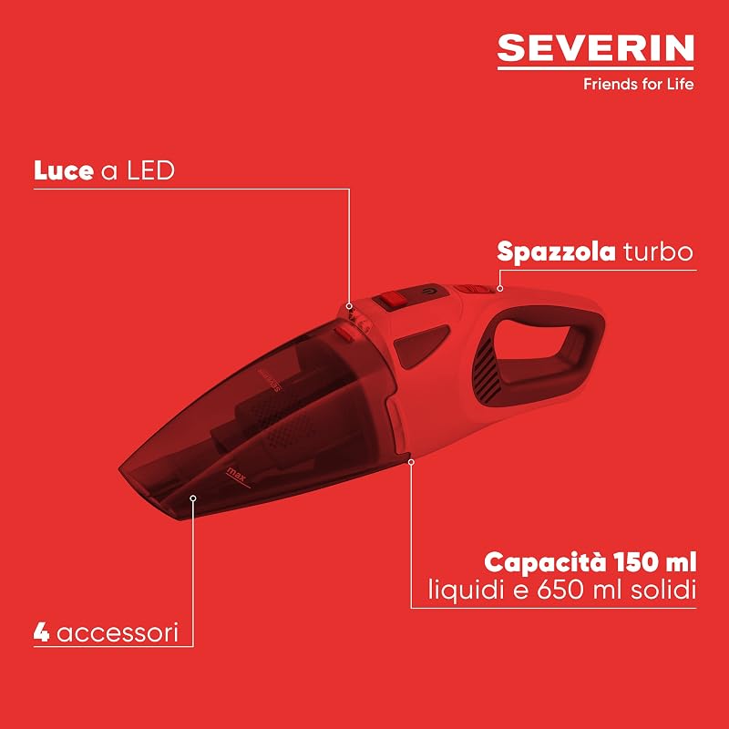 Aspirapolvere Senza Fili, 120W, Aspira Solidi e Liquidi, Autonomia 30 min, 2 Livelli Potenza, Spazzola Turbo, Luce LED, 44,0 x 12,5 x 13,5 cm, Grigio/Rosso - HV 7146