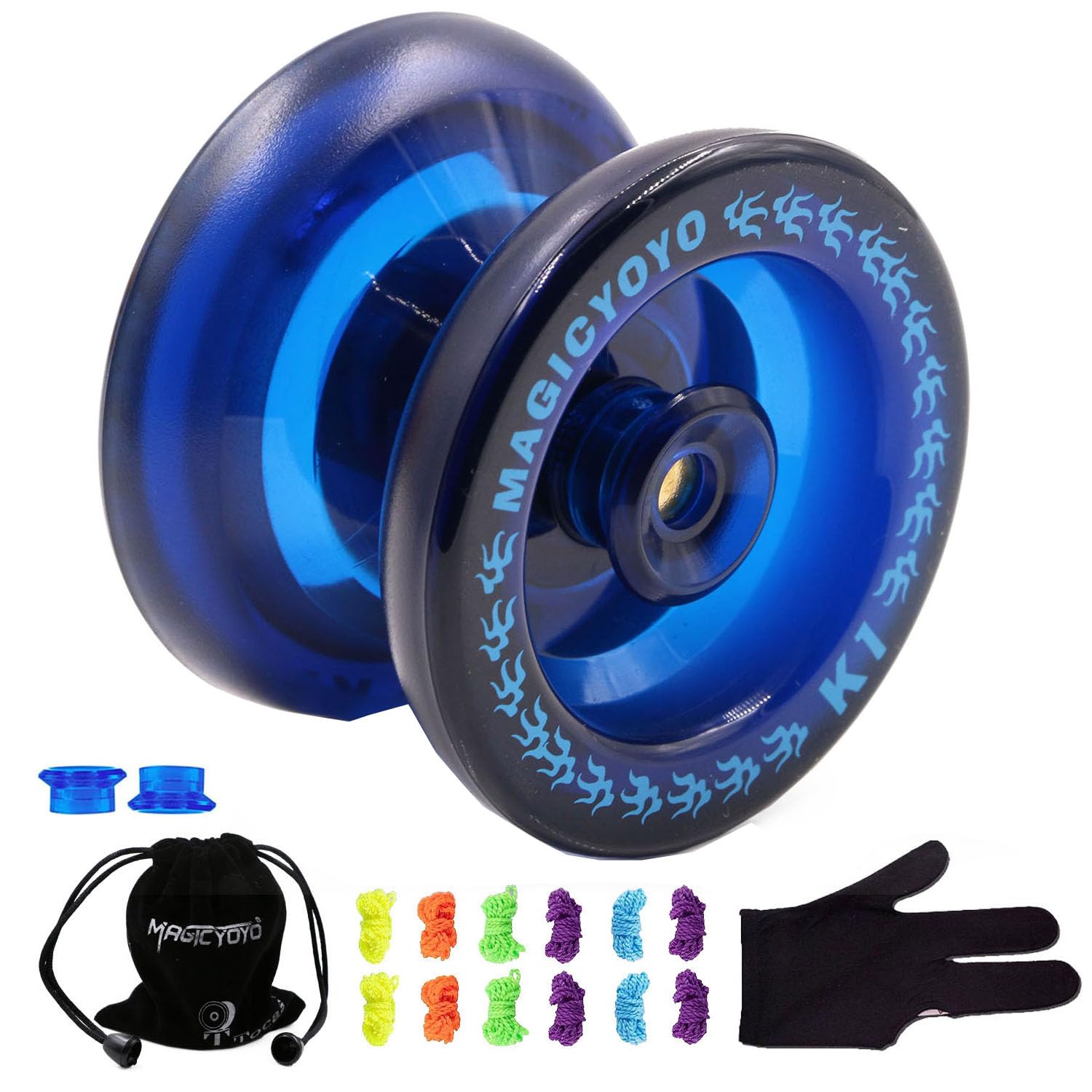 MAGICYOYO K1 Yoyo Professional Responsive Yo-yo for Kids Teens Adults, Beginners Yoyos Toy, Finger Spin Tricks and More, with Yo Yo Bag+ Glove+ 12 Yo-yos Strings+ 2 Yo Yos Hubstacks Kit, Deep Blue