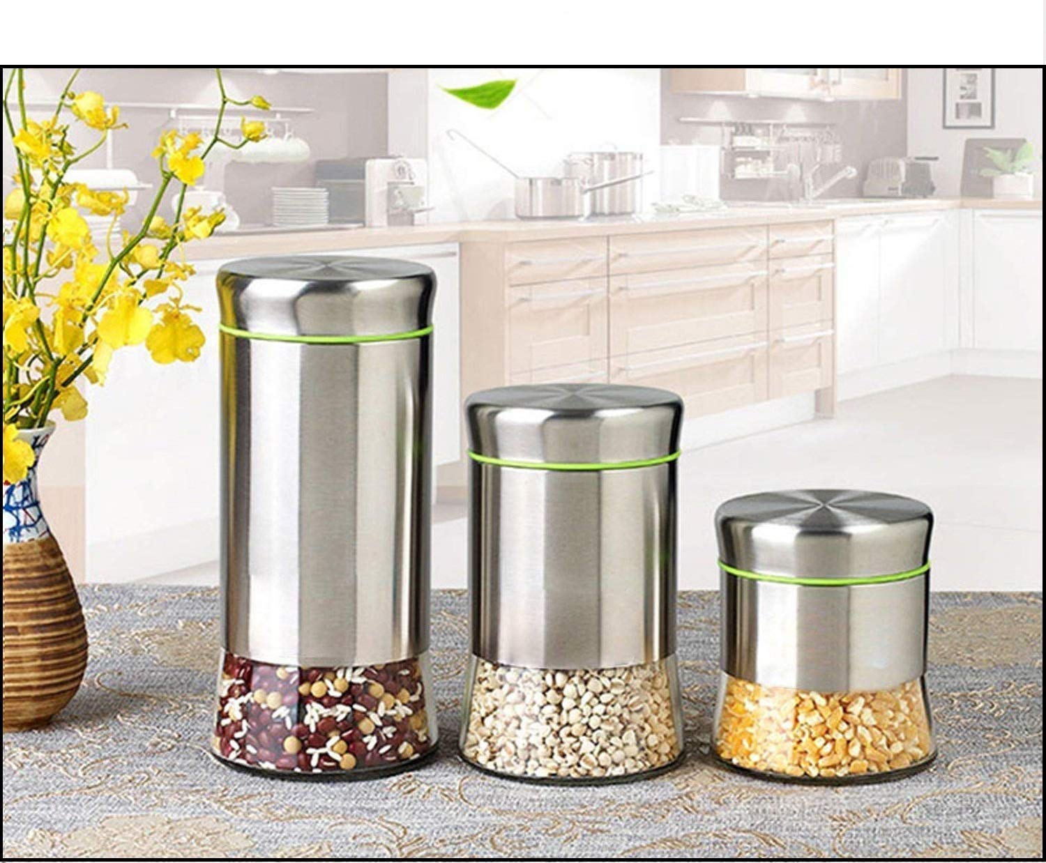 JIRLY Stainless Steel Plated Glass Kitchen Canister, Airtight Food