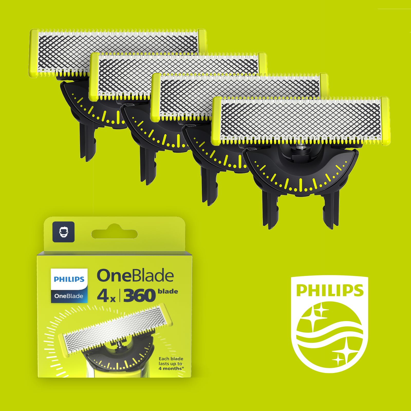 Philips OneBlade Original 360 Blade Heads, Compatible with all OneBlade and Pro Electric Shaver & Trimmers, Original from Philips, 4x One Blade, 16-Month Supply (QP440/50)