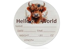 CLHHM Hello World Birth Announcement 6" Round Birch Wood Newborn Sign for Nursery Hospital & Baby Shower, Personalized Baby Name Plaque, Keepsake Décor Gift for New Parents (Red Highland Cow)