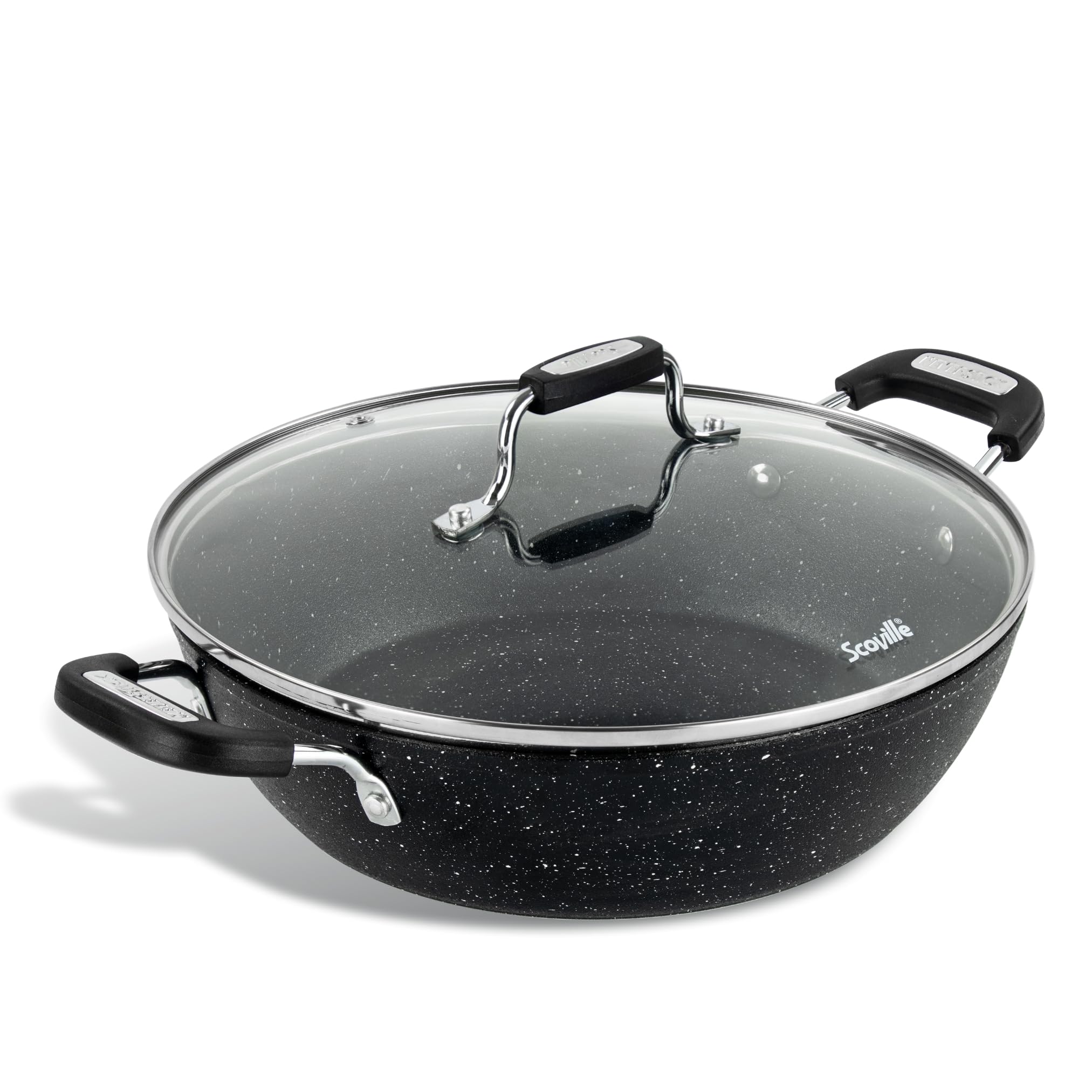Scoville NEVERSTICK 28cm Shallow Casserole Pot with Glass Lid - Non Stick Casserole Pot, 3.3L Capacity, Suitable for All Hobs Including Induction, Toughened Aluminium, Flake, Peel & PFOA Free, Black