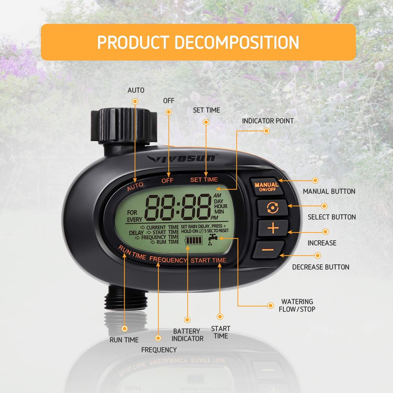 VIVOSUN Watering Timer, Solar Powerd Garden Hose Faucet Timer, Huge LCD Display Screen, Big Comfortable Buttons, Smooth and Concise Oval Design : Garden & Outdoor