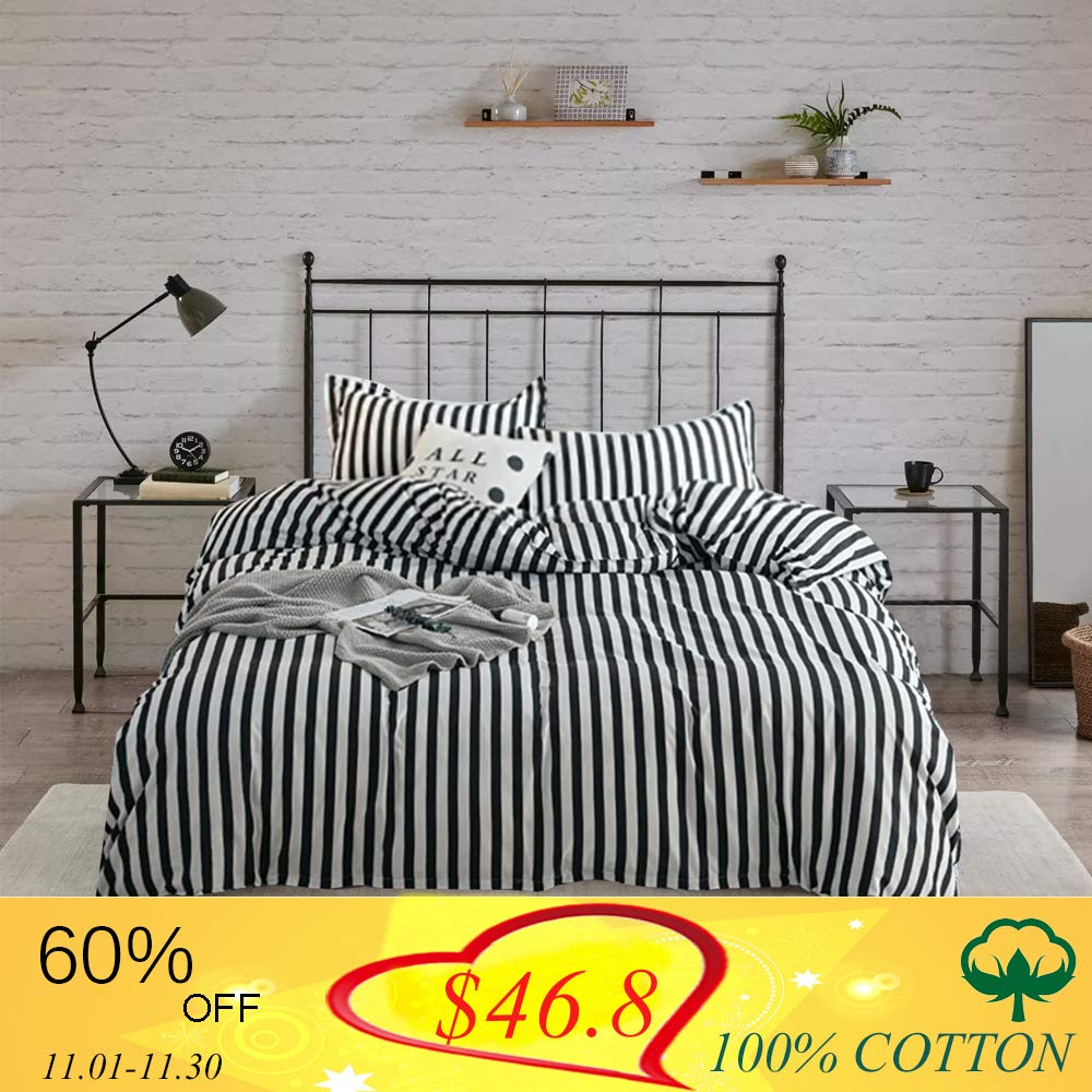 Wellboo Striped Duvet Cover Black and White Queen Bedding Sets Cotton Hotel Collection Dobby Duvet Set Women Men Teens Bedding Sets Vertical Stripe Soft Breathable 3 PCS No Insert